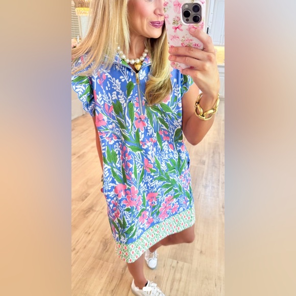 Umgee Blue and Pink Floral ruffle sleeve half zip Dress - Picture 2 of 11